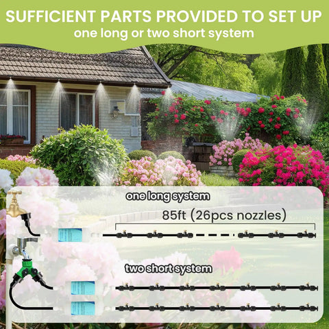 Outdoor Misting System For Patio And Garden 85Ft With 26 Brass Nozzles And Water Filter shown near house with plants