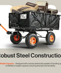 Heavy Duty Steel Garden Cart Beast With 660 Pound Hauling Capacity And Fast Dump Bed Towable Utility Wagon With 10 Inch Pneumatic Tires loaded with cement bags.