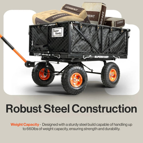 Heavy Duty Steel Garden Cart Beast With 660 Pound Hauling Capacity And Fast Dump Bed Towable Utility Wagon With 10 Inch Pneumatic Tires loaded with cement bags.