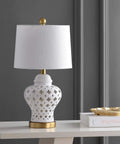 White Pierced Ginger Jar Ceramic LED Table Lamp With Dope Modern Glam Quatrefoil Fretwork, 20.5 Inch Tall White Linen Shade