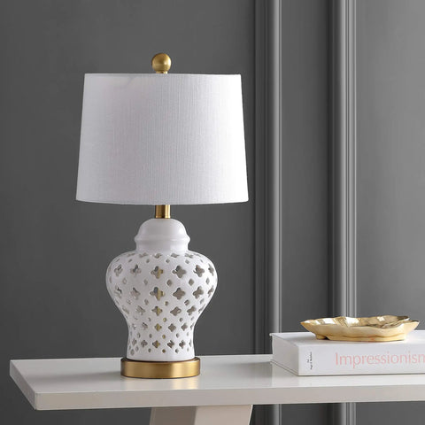 White Pierced Ginger Jar Ceramic LED Table Lamp With Dope Modern Glam Quatrefoil Fretwork, 20.5 Inch Tall White Linen Shade
