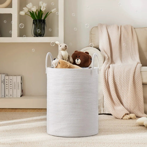 Big Ol Woven Rope Laundry Hamper Basket 58L Tall Portable Clothes And Blanket Storage For Bedroom with stuffed toys inside