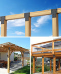 Outdoor pergolas and decks using Beefy 4x4 Post Cap Tie Rod Brackets, U-shaped connectors, supporting 1800 lbs, dual open end design.