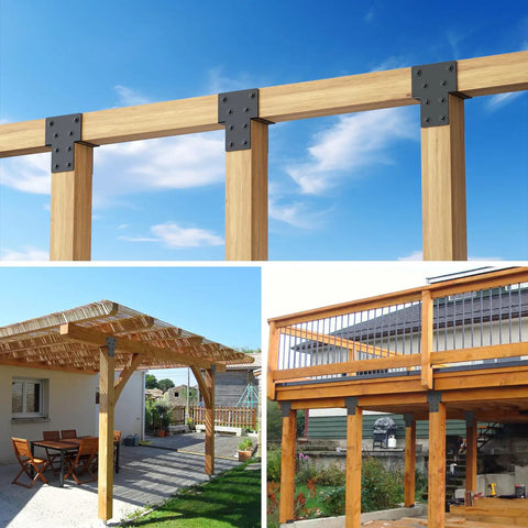 Outdoor pergolas and decks using Beefy 4x4 Post Cap Tie Rod Brackets, U-shaped connectors, supporting 1800 lbs, dual open end design.