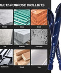SONCHIE 8-piece serrated masonry drill bit set in blue (1/4–9/16 in), side view with material samples.