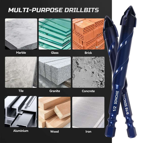 SONCHIE 8-piece serrated masonry drill bit set in blue (1/4–9/16 in), side view with material samples.