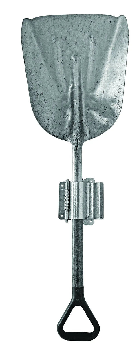 Heavy Duty Shovel Bracket Galvanized Steel Mount For Wall Or Truck, 4 Bolt Secure Design holding a metal shovel.