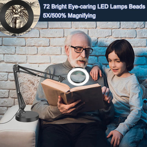 Elderly man using 2-In-1 Magnifying Lamp With Light And Clamp Stand, 5X Magnifier to read book with grandchild