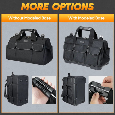 Heavy Duty Tool Bag Packed With Multiple Pockets And Portable Organizer For Tools, comparison of models with and without molded base.