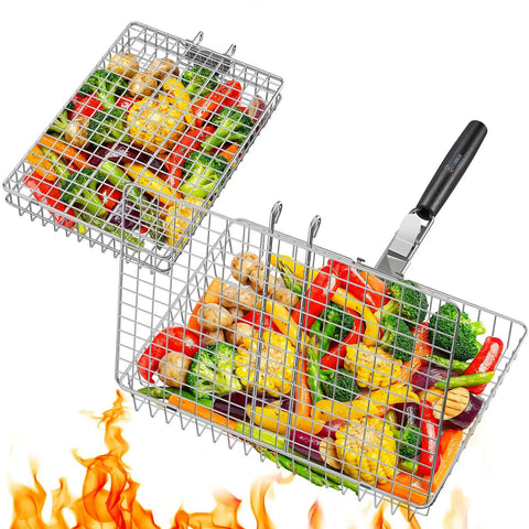Two Pack Nesting Grill Baskets With Removable Handles For Outdoor BBQ Grillin Barbecue Gear Stainless Steel Camping Accessories For Meat Fish Shrimp Veggies And More A Great Gift For Dad Husband Or Any Grill Master filled with colorful veggies in use