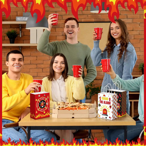 Group celebrating with 48 Count Firetruck Party Favors With Handles Bulk Pack For Kids Birthday Firefighter Candy Treat Bags on table