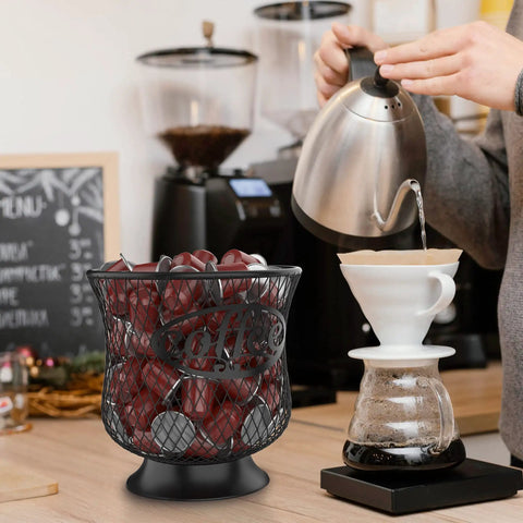 Barista Approved Large Capacity Coffee Pod Holder for K Cups and Nespresso Vertuo Pods on kitchen counter near coffee maker
