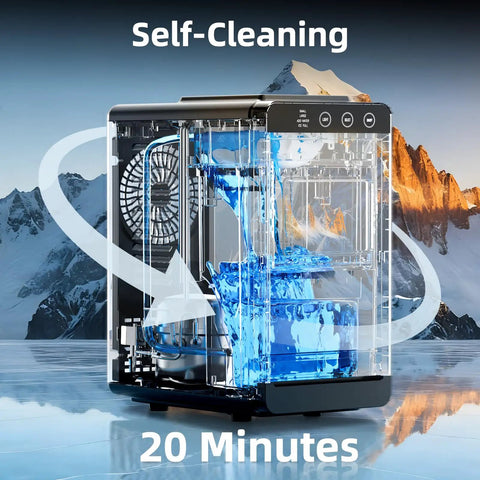 Portable Ice Maker With Self Cleaning Function 8 Cubes In 6 Minutes 26 Lbs Per Day Countertop Ice Machine For Home Kitchen RV Travel On The Go Matte Black, showing transparent water flow.