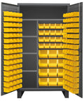Heavy Duty Welded Steel Maintenance Cabinet With Secure Padlock Mount, One Fifty Six Bright Yellow Hook On Bins inside view with shelves.
