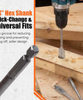 Front view of PINOZE 14-piece spade drill bit set with 1/4 in hex shank drilling into wood, wood shavings visible