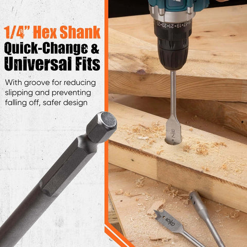 Front view of PINOZE 14-piece spade drill bit set with 1/4 in hex shank drilling into wood, wood shavings visible
