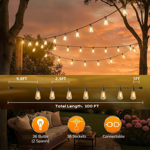 Hanging 100Ft Outdoor String Lights Waterproof Patio Lighting With Clear Shatterproof ST38 Vintage Edison Bulbs at sunset