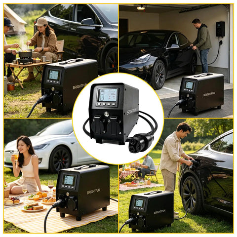 Plug And Play 3KW V2L Power Adapter Gun For Tesla Model 3 Y S X With Clear Lcd Display and Heavy Duty Battery Guard in outdoor picnic setting.