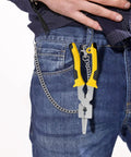 8-Inch MIG Welding Pliers With Retention Chain And Ergonomic Handle clipped to jeans for welding, electrical, mechanical maintenance.