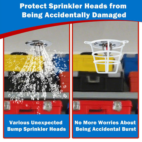 Tough As Nails White Sprinkler Head Guard To Shield Your Residential Fire Sprinklers From Accidental Hits, shown protecting sprinkler heads.