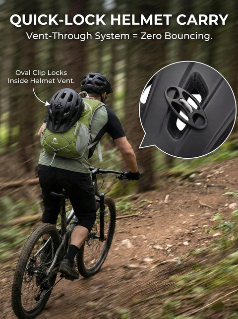 Cyclist with 2L Hydration Pack With Zipper Phone Pocket On Shoulder Strap, Lightweight Daypack For Cycling, Quick Lock Helmet Clip