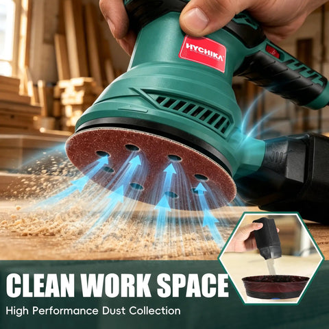 5 Inch Random Orbital Sander With 13000 RPM Power shows efficient dust collection in workshop environment