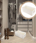 Beige Linen Cotton Seven Grid Folding Clothes Organizer Box Durable Closet Storage Bin For Tidy Wardrobe Vibes in a stylish closet.