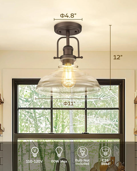 Farmhouse Semi Flush Ceiling Light With Slick Oil Rubbed Bronze Finish And Clear Glass Shade For Kitchen And Bedroom Vintage Rustic Industrial Style 11 Inch Flush Mount Fixture displayed in kitchen setting with measurements