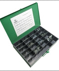 Heavy Duty Self Locking Threaded Insert Kit With 119 Pieces For Metal And Plastic Repair in a green storage box, organized compartments.