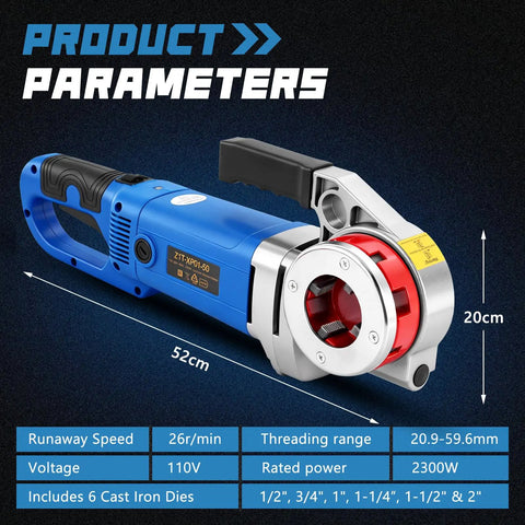 High Power 2300W Electric Pipe Threader With Six Dies For Galvanized Iron Pipe, portable 110V threading tool, dimensions 52cm.