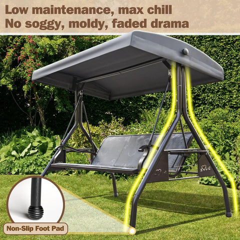 Three Person Outdoor Patio Swing With Adjustable Canopy, Textilene Fabric Seat, Sturdy Stand, in a garden setting