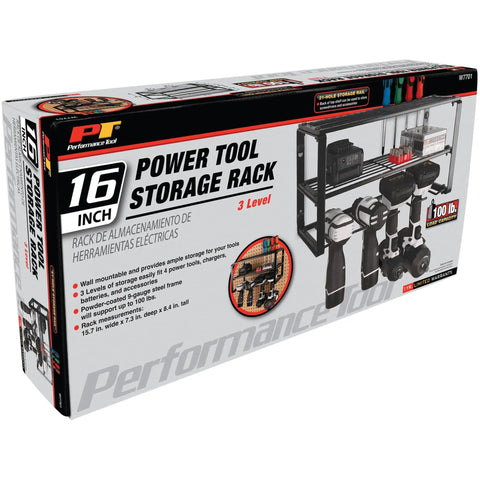 Kickin Heavy Duty 3 Tier 16 Inch Wall Mount Power Tool Organizer for cordless drills, shown in packaging.