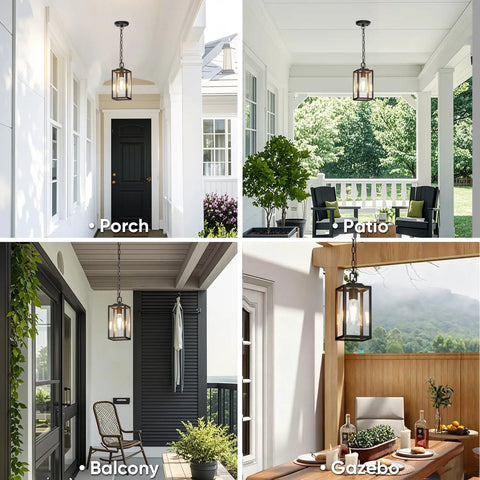 Modern Outdoor Pendant Light With Rock Solid Aluminum Build And Clear Glass Panel in porch, patio, balcony, and gazebo settings.