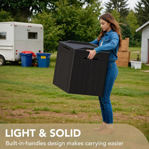 Woman carrying 30 Gallon Resin Deck Box Waterproof Outdoor Storage Box For Patio Furniture Pool Accessories.