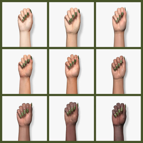 Hands showing Vegan HEMA Free Gel Nail Polish Kale 073 Soak Off UV LED Cure Cruelty Free 10ml on different skin tones.