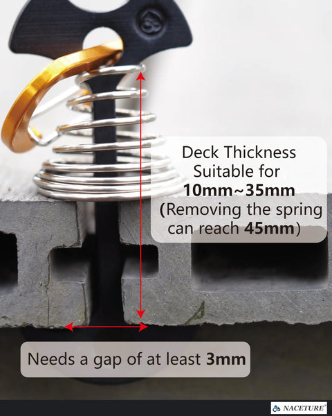 Close-up of Deck Anchors With Carabiners Tie Down Kit For Canopies And Tents No Drill showing spring tensioner in deck