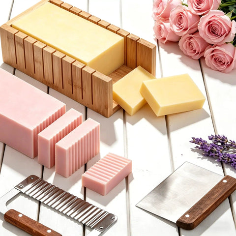 All In One Soap Making Kit For Grown Ups With 2.2 Lb Goat Milk Soap Base, Silicone Loaf Molds, Cutting Box, And 500 Plus Premium DIY Supplies For Easy Beginner Friendly Soap Making, showing cut soap bars, molds, and flowers.