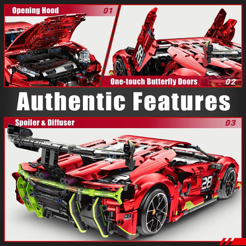 Remote Control Hypercar Building Kit With Five Fast Motors, 1835-Piece Set, Electric Height Adjustment, detailed opening hood and doors