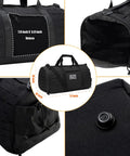 40L Military Tactical Duffle Bag For Men With Shoe Compartment Gym Gear Tote For Travel Training Weekend Trips And Sports Equipment Like Basketballs And Footballs showing design details and dimensions