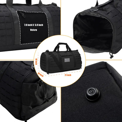 40L Military Tactical Duffle Bag For Men With Shoe Compartment Gym Gear Tote For Travel Training Weekend Trips And Sports Equipment Like Basketballs And Footballs showing design details and dimensions