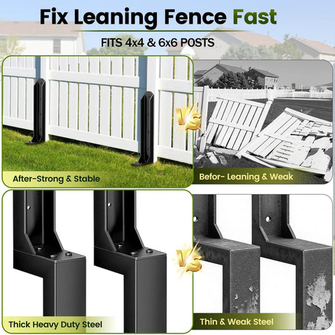 Heavy Duty Fence Post Repair Kit With Steel Ground Spike Anchors to Fix Leaning Or Broken 4x4 And 6x6 Wood Posts in Your Yard Garden