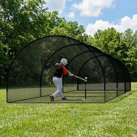 Player practicing in 30Ft Portable Baseball and Softball Batting Cage for Backyard Drills with black polyester mesh and fiberglass poles.