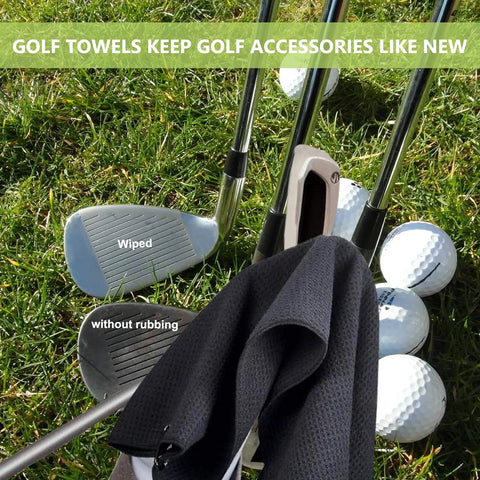 Three Pack Large Golf Towels With Carabiner Clip Tri Fold Microfiber Waffle Pattern Quick Dry Absorbent near golf clubs on grass