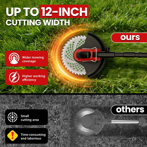Cordless 12 Inch Weed Wacker With Wheels 21V 2x3000mAh Battery 800W Brushless Motor 4 Blade Types 20000 RPM Grass Trimmer For Garden Yard Long Battery Life And Quick Swap Blades Lightweight Yet Mighty, 12-inch cutting width