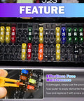 Hella Durable 120 Piece Blade Fuse Assortment Kit With Built In Tester And Heavy Duty Puller For Fast Auto Electrical Fixes Universal Ride Maintenance Gear Head Essentials showing assorted fuses in a fuse box.