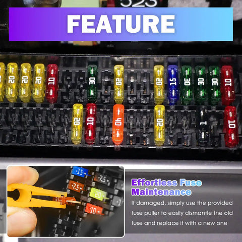 Hella Durable 120 Piece Blade Fuse Assortment Kit With Built In Tester And Heavy Duty Puller For Fast Auto Electrical Fixes Universal Ride Maintenance Gear Head Essentials showing assorted fuses in a fuse box.