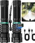 2 Pack Rechargeable Flashlights With Dual Switch And Fixed Focus, Beast Mode Brightness Nearly 100000 Lumens, shown with beam and cables