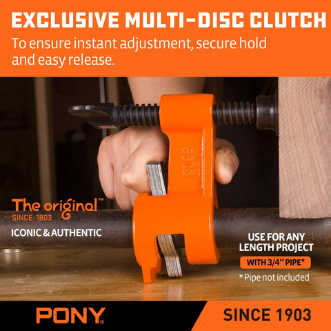 Heavy Duty Deep Reach Pipe Clamps 2 Pack For Woodworkers And Diy Crews 3/4 Inch Threaded Steel Vise Kit with orange multi-disc clutch design.