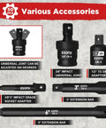Beast Mode Impact Socket Set With Three Eighths Inch Drive Fifty Piece SAE And Metric 6 Point Sockets From Five Sixteen To Three Quarters Inch And Eight To Twenty Two Millimeter Adjustable Ratchet Extensions Universal Joint Adapters CR V Steel. Various socket and joint adapters shown in detail.