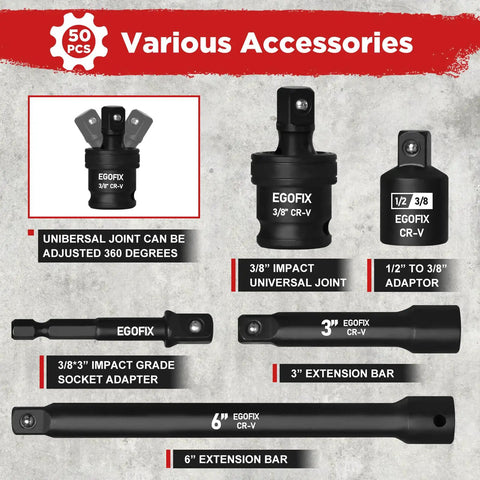 Beast Mode Impact Socket Set With Three Eighths Inch Drive Fifty Piece SAE And Metric 6 Point Sockets From Five Sixteen To Three Quarters Inch And Eight To Twenty Two Millimeter Adjustable Ratchet Extensions Universal Joint Adapters CR V Steel. Various socket and joint adapters shown in detail.